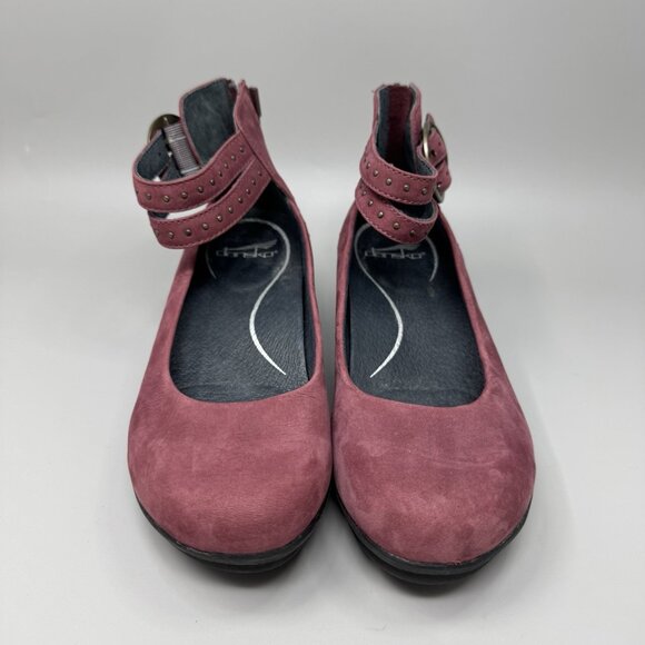 Dansko Lois Burgundy Nubuck Studded Buckle Ankle Strap Wedges Size 8.5 - Picture 4 of 9